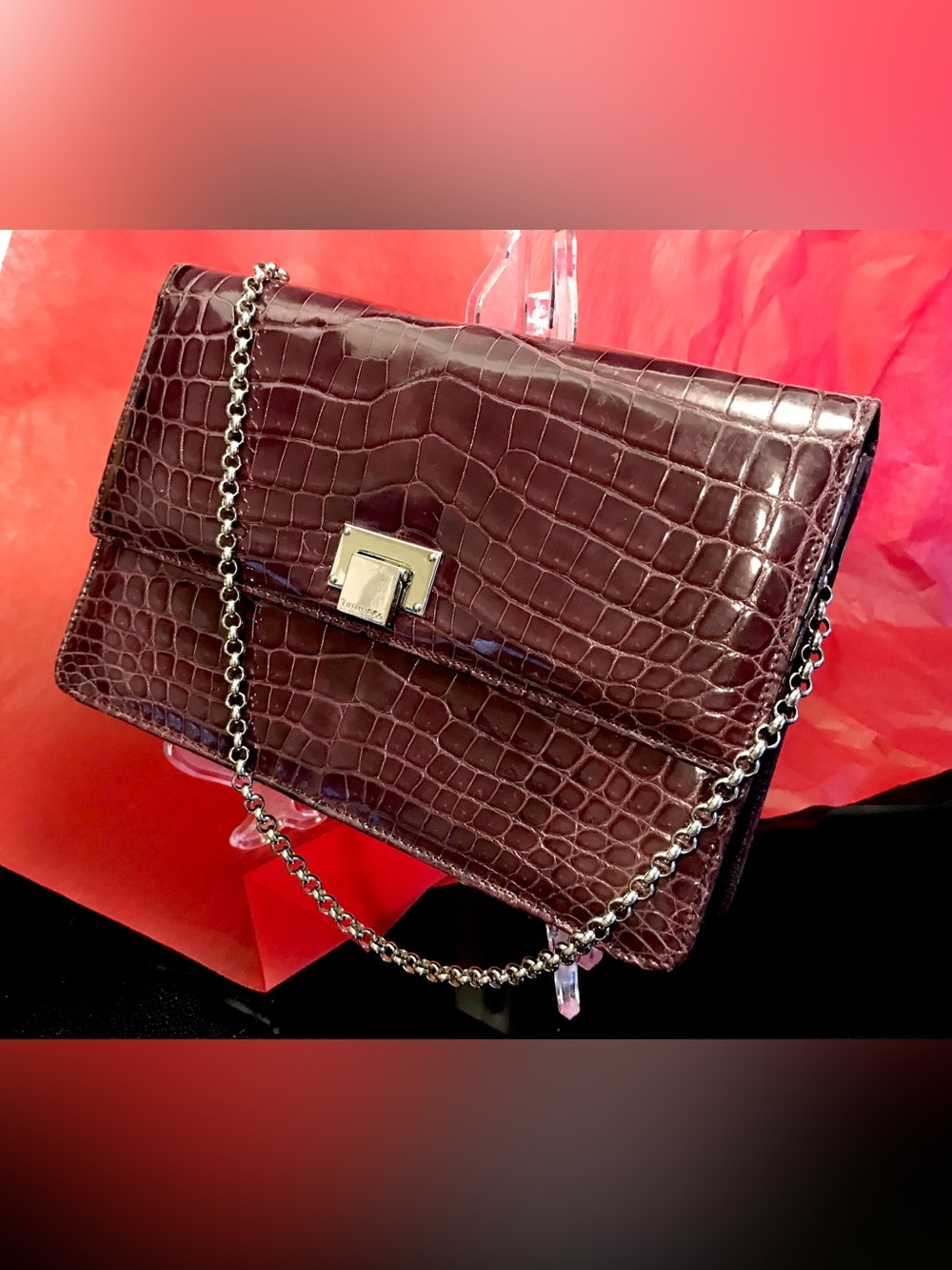Tiffany & Co. Croc-Embossed Chain Crossbody in Burgundy Brown